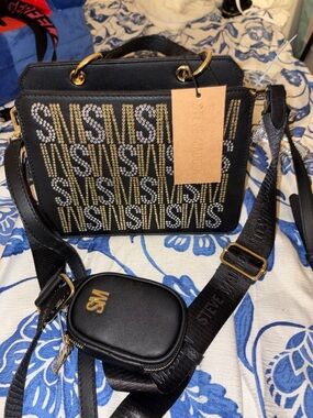 Steve Madden Black Crossbody Bag with Gold & Silver Studded SM Pattern